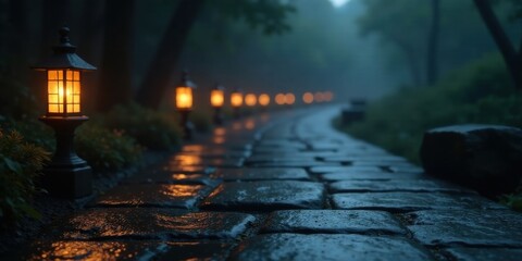 Illuminated Pathway Serene Evening Ambiance with Glowing Lanterns on a Wet Cobblestone Road