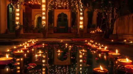 Obraz premium Diwali festival lights illuminating an Indian courtyard. 
