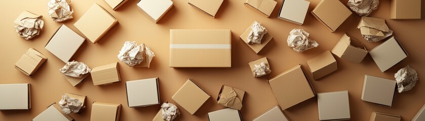 Overhead view of assorted cardboard boxes and crumpled paper.