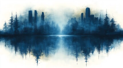 Fototapeta premium Serene Cityscape Reflecting in Calm Waters Deep Blue Hues. AI Generated