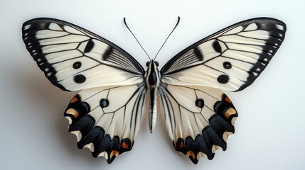 A delicate butterfly, its wings adorned with a kaleidoscope of patterns, alighted on the pristine white backdrop, creating a serene tableau of natural beauty and tranquility.