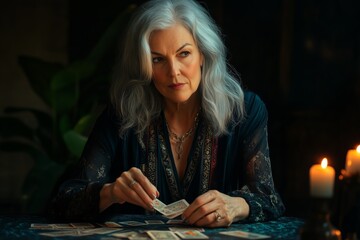 Fototapeta premium An elderly woman tarot reader with gray hair, laying out cards on a table in a mystical atmosphere.