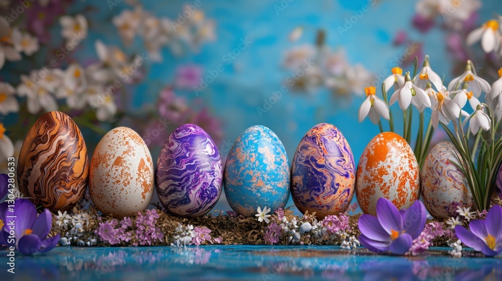 Poster a row of colorful eggs are arranged on a table next to some flowers