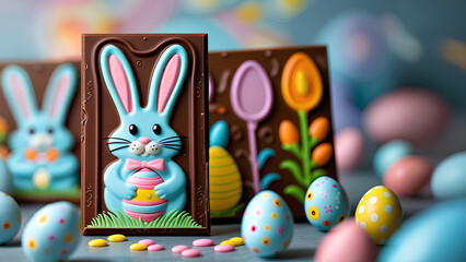 Chocolate Easter bunny Easter eggs chocolatier. Cute flowers, baby chicks, blurred background, colorful, yellow blue pink orange. Chocolate eggs, chocolate chicks, luxury. Facebook, Instagram, TikTok