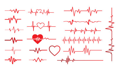 Red heartbeat line collection with heart symbol, cardiology, medical pulse, ECG, EKG design, healthcare clipart vector illustration, health monitoring, digital heartbeat. Stock-Vector.