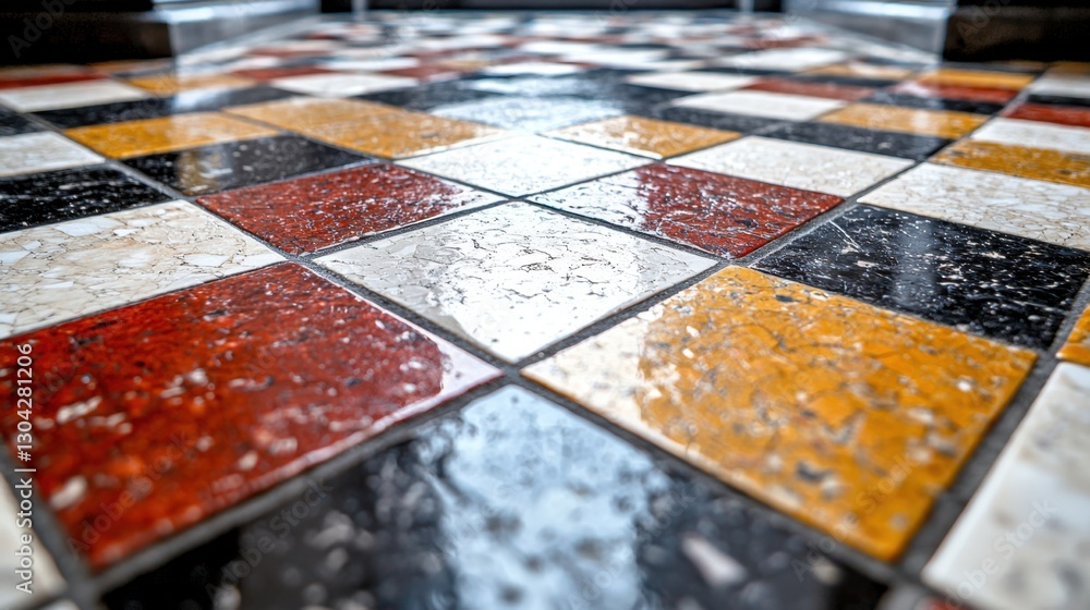 Poster a close up of a tiled floor with a black and white checkered pattern