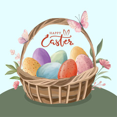 Happy Easter painting Colored eggs in twigs basket Spring flowers and butterfly