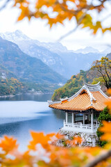 Autumnal Pavilion by Mountain Lake in China