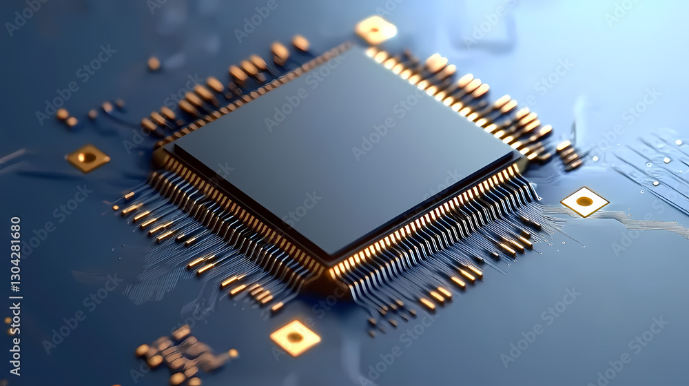 Poster close-up of cpu processor with gold contacts on blue and white circuit