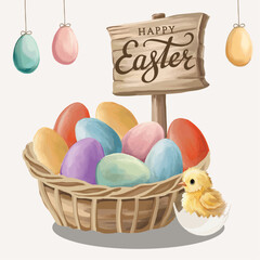 Happy Easter on wooden sign Colored eggs in twigs basket Easter chick from egg