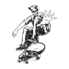 Vintage Black and White Skull Ollie Skateboard Vector Illustration