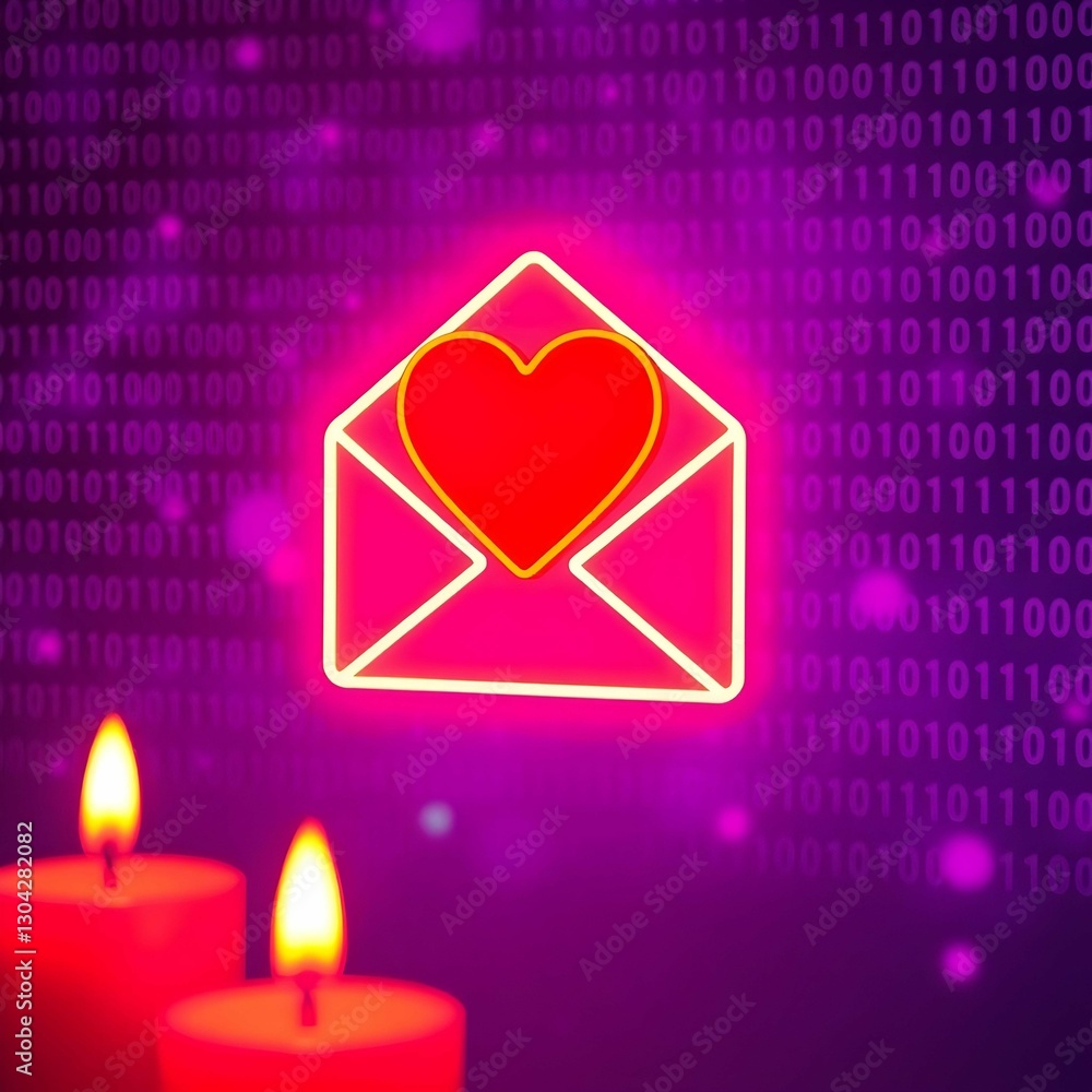Poster A glowing neon envelope with a heart inside, illuminated against a backdrop of binary code and flickering candles, creating a romantic and futuristic scene