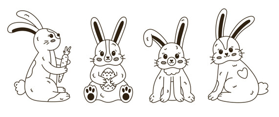 Lovely outline doodle set with Easter bunny in different poses, fur. Hand drawn rabbit holding Easter egg, standing with carrot, bent down ear, back view. Symbol of traditional springtime holiday.
