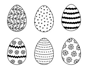 Lovely outline set of patterned Easter egg with heart, stripes, flower, leaves ornate. Black and white hand drawn symbol of Easter egg hunt, religious spring festival. Cute doodle isolated on white
