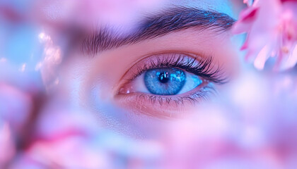 Blue eye framed by pink blossoms, ethereal lighting
