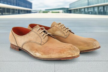 Naklejka premium Worn-out brown shoes on a modern surface showcasing fashion.