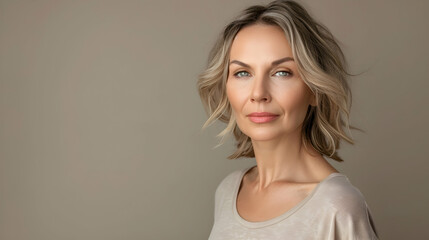 portrait of a beautiful woman 50 years old with natural makeup in a beige T-shirt on a neutral background. The concept of natural beauty and anti-age care