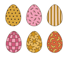 Lovely colorful doodle set of painted Easter egg with swirl, dot, star, checked, stripe ornate. Funny outline hand drawn symbol of Easter egg hunt, religious springtime festival isolated on white.