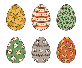 Lovely colorful doodle set of painted Easter egg with star, horizontal stripes, leaves pattern. Funny outline hand drawn symbol of Easter egg hunt, religious springtime festival isolated on white.