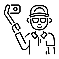 A line style icon of a character doing mobile vlogging 