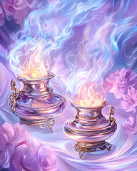 Burning Incense Pots Amidst Floral Haze