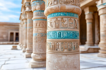 Carved Egyptian temple columns, sunny courtyard
