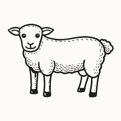 Cute sheep cartoon. Flat vector icon of young white sheep. sheeps and rams heads. Monochrome, isolated on white background.