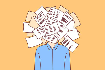 Man suffering from bureaucracy and overabundance of paperwork stands with bunch of documents instead of face. Problem of paperwork clogging brain of businessman who needs to digitalize work process
