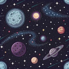 Fototapeta premium Seamless Space Pattern Planets Stars and Nebulae for Cosmic Designs