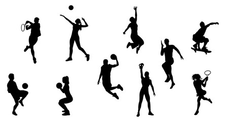 Collection silhouettes of different men and women performing various sports activities, playing basketball, volleyball, tennis, soccer, football. Vector illustrations isolated