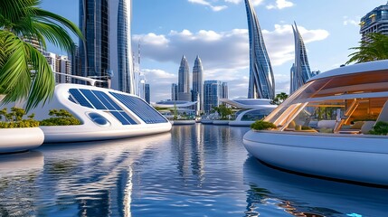 Naklejka premium Futuristic Cityscape: Solar Boats & Skyscrapers - Sustainable living