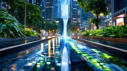 Naklejka premium City Waterfall & Urban Oasis Night Scene - Urban Nature