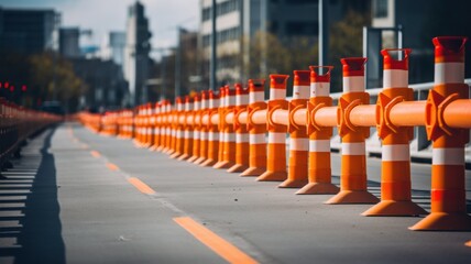 Obraz premium Construction barriers line sidewalk urban area photography daylight ground level view safety measures