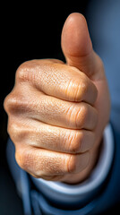 Close-up hand gesture, thumbs-up, approval, dark background