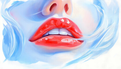Obraz premium Close-up vibrant red lips, icy-blue hair, digital art