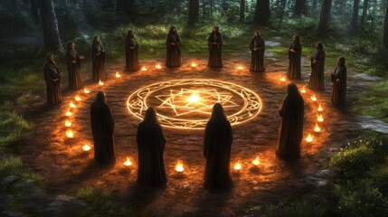 Nighttime Ritual Hooded Figures Encircle Glowing Symbol in Dark Forest