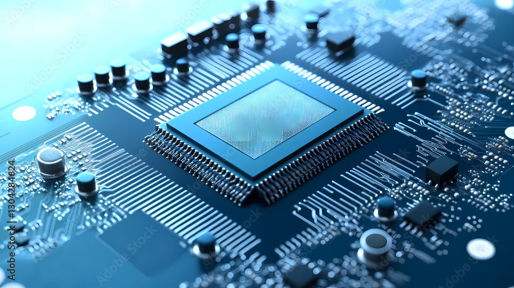 Poster blue circuit board with large central chip and smaller components