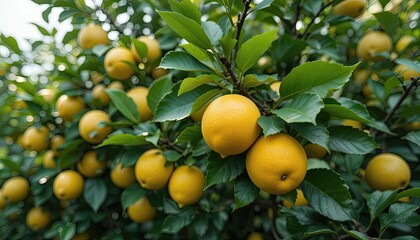  Ripe yellow lemons on the branches of a lush, green lemon tree-