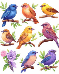 Colorful Birds Perched on Branches with Flowers