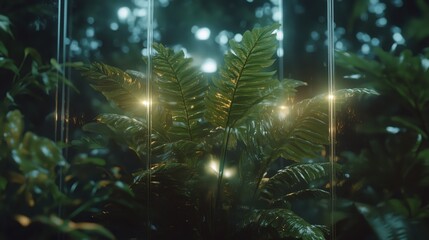 Obraz premium Lush green plants glowing softly in a misty forest setting with faint light illuminating their leaves