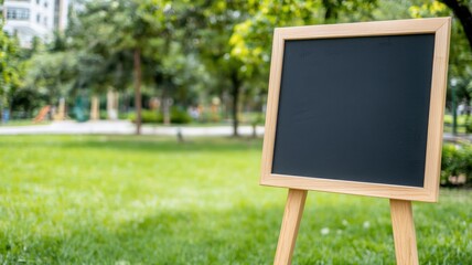 Outdoor chalkboard display urban park blank signage green grass close-up view creative marketing tool