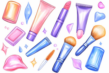 Obraz premium Colorful Makeup Cosmetics and Brushes on White Background