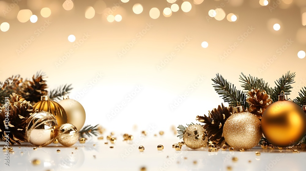 Poster a festive arrangement of golden ornaments and pine cones with a shimmering background, creating a wa