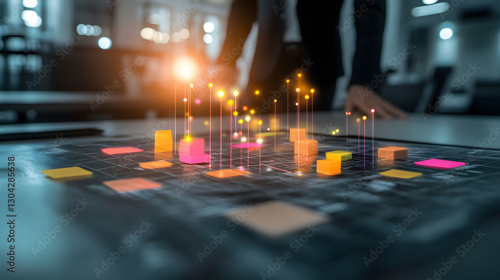 Poster A person is interacting with a digital interface featuring colorful data points and visual elements in a modern workspace