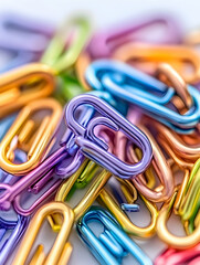Colorful paperclips piled on white background (1)