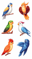 Colorful parrots perched on branches, isolated on white