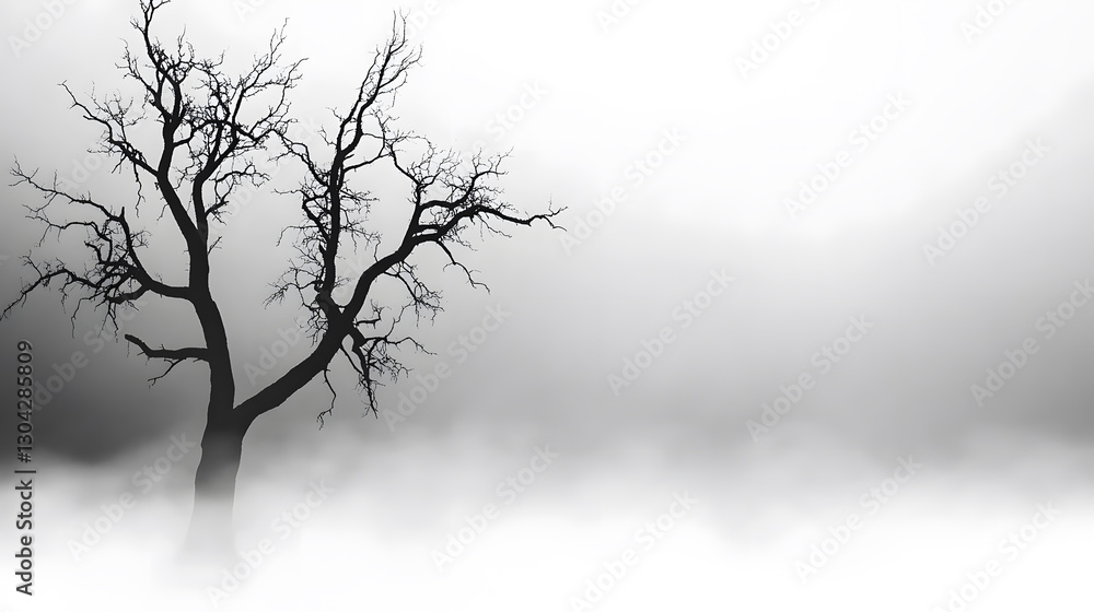 Poster a solitary, leafless tree stands in a misty landscape, creating a haunting and ethereal atmosphere i