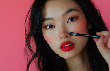 Close-up of an Asian woman with long dark hair and bold red lips, applying eyeshadow with a makeup brush against a soft pink background. Elegant beauty portrait with a modern touch