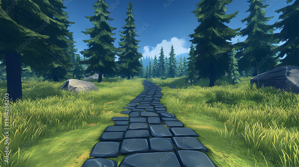 Poster a serene pathway winds through lush greenery and tall trees under a bright blue sky, inviting explor