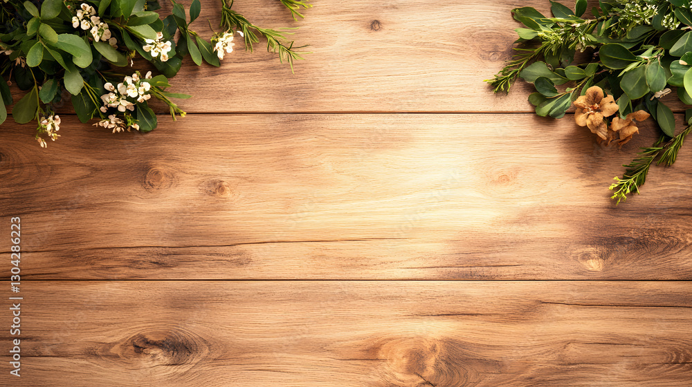 Poster a rustic wooden surface adorned with greenery and delicate flowers, creating a serene and natural at